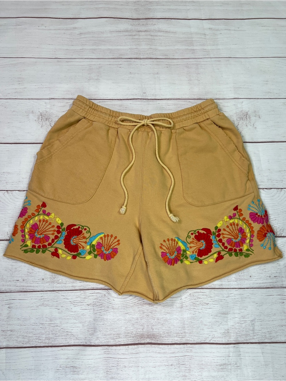 SISTER MARY Pablo Embroidered Shorts -  Medium - Mustard Yellow French Terry